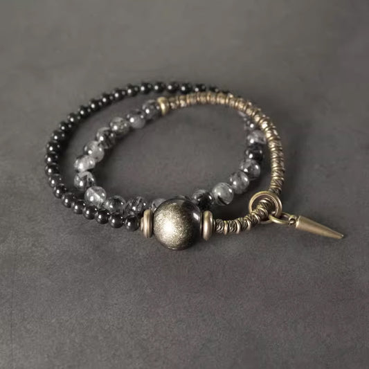 Black Obsidian & Rutilated Quartz Bracelet