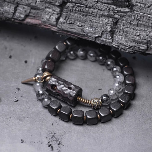 Black Rutilated Quartz & Ebony Wood Bracelet