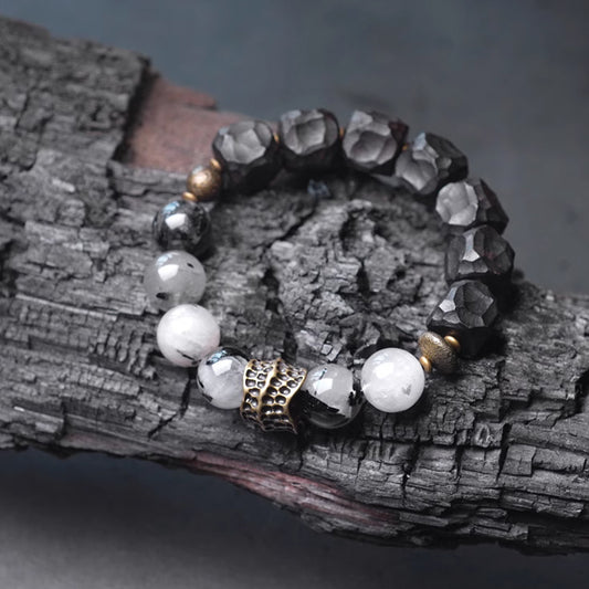 Handcrafted Ebony Wood & Black Rutilated Quartz Bracelet
