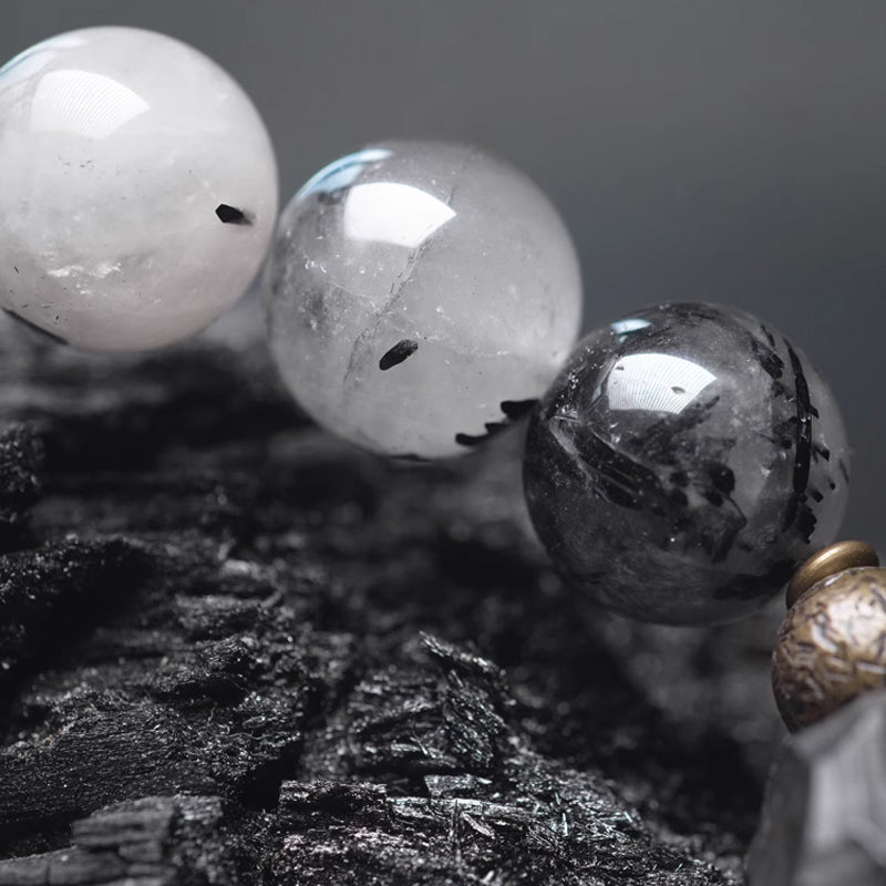 Handcrafted Ebony Wood & Black Rutilated Quartz Bracelet