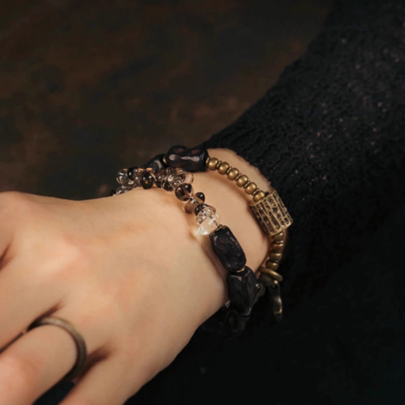 Handcrafted Smoky Quartz & Ebony Wood Bracelet with Brass Accents
