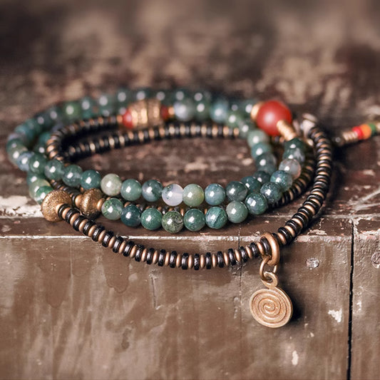 "Emerald River" Moss Agate & Copper Multi-Strand Bracelet