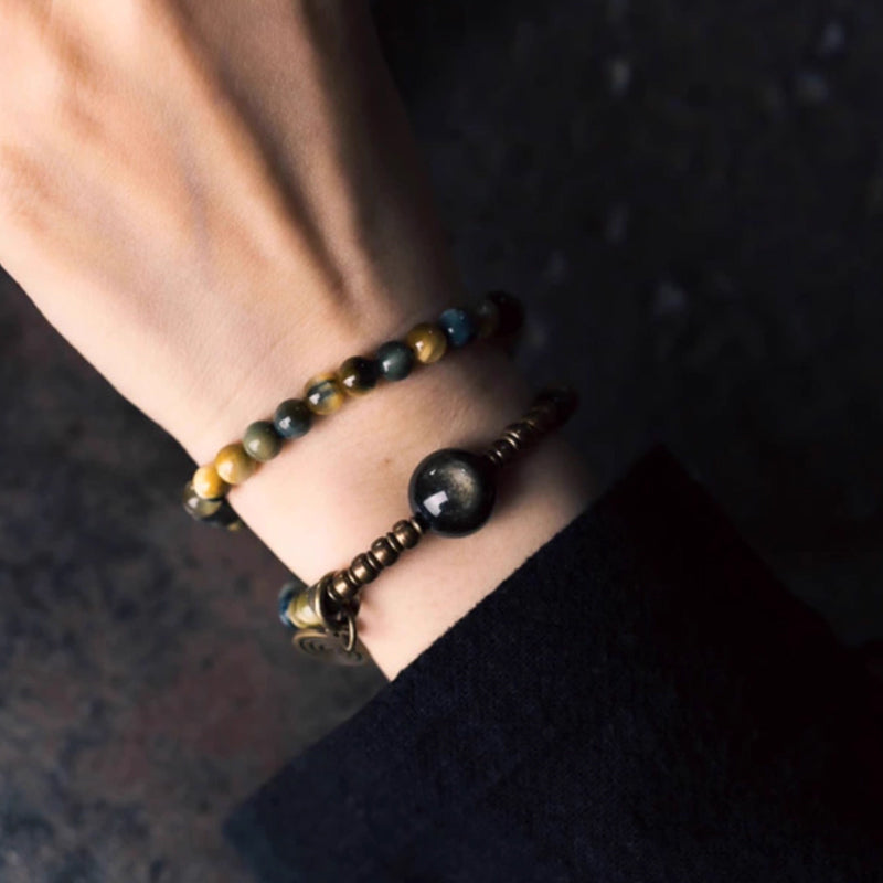 "Golden Guardian" Double Wrap Tiger's Eye & Golden Obsidian Bracelet
