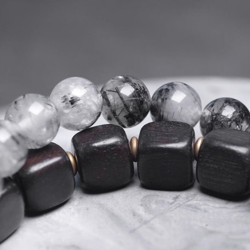 Black Rutilated Quartz & Ebony Wood Bracelet