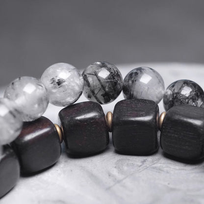 Black Rutilated Quartz & Ebony Wood Bracelet