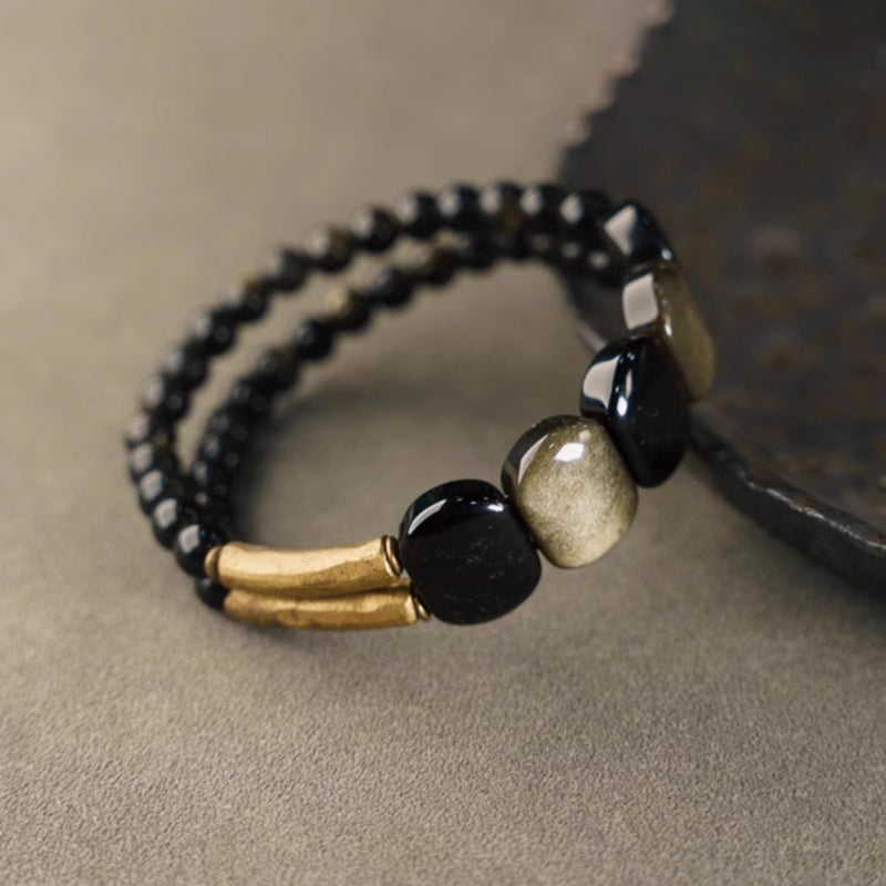 Natural Black Obsidian & Goldstone Energy Bracelet – Spiritual Protection