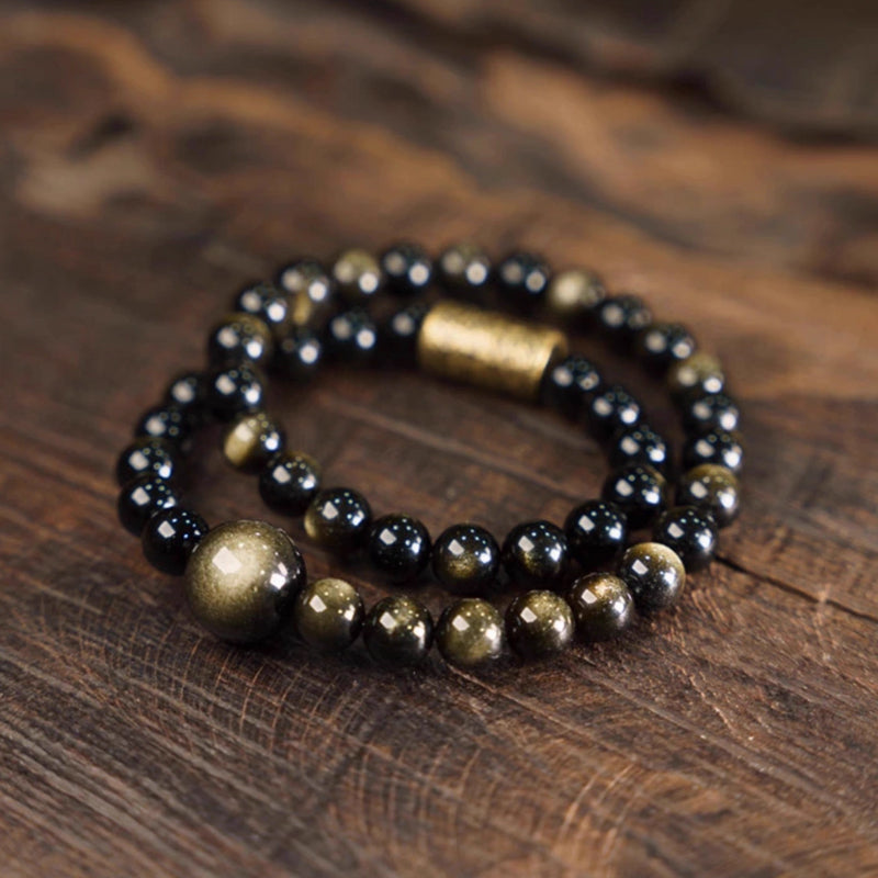 Double Strand Cat's Eye Black Obsidian Bracelet