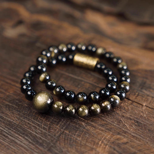 Double Strand Cat's Eye Black Obsidian Bracelet