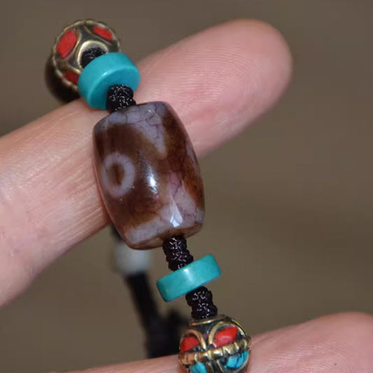 Three-Eyed Blood Vein Weathered Dzi Bead Bracelet