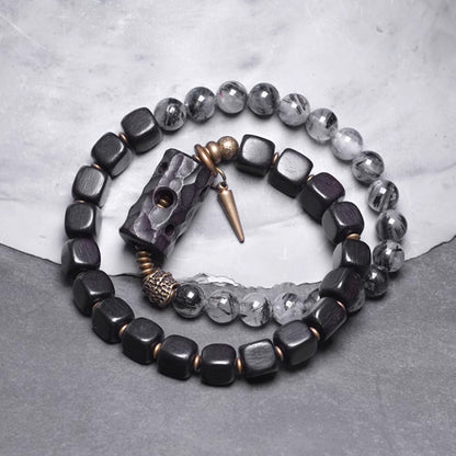 Black Rutilated Quartz & Ebony Wood Bracelet