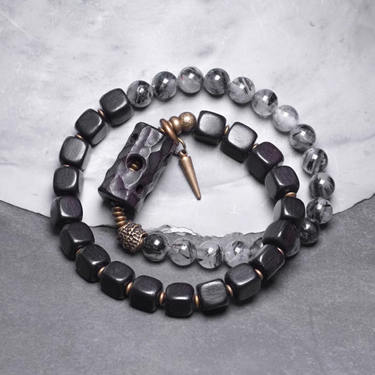 Black Rutilated Quartz & Ebony Wood Bracelet