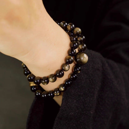 Double Strand Cat's Eye Black Obsidian Bracelet