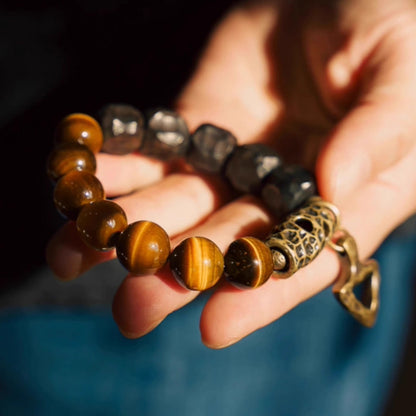 "Shadow & Flame" Ebony Wood & Tiger's Eye Bracelet – Earth's Duality in Balance
