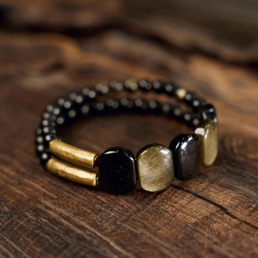 Natural Black Obsidian & Goldstone Energy Bracelet – Spiritual Protection