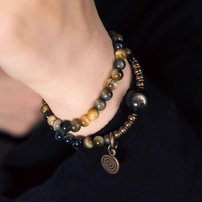 "Golden Guardian" Double Wrap Tiger's Eye & Golden Obsidian Bracelet