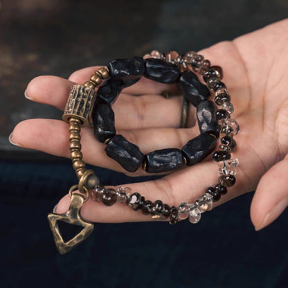 Handcrafted Smoky Quartz & Ebony Wood Bracelet with Brass Accents
