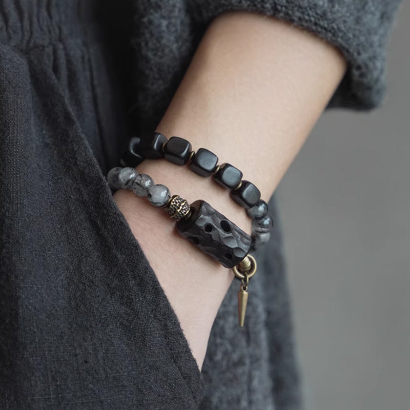 Black Rutilated Quartz & Ebony Wood Bracelet