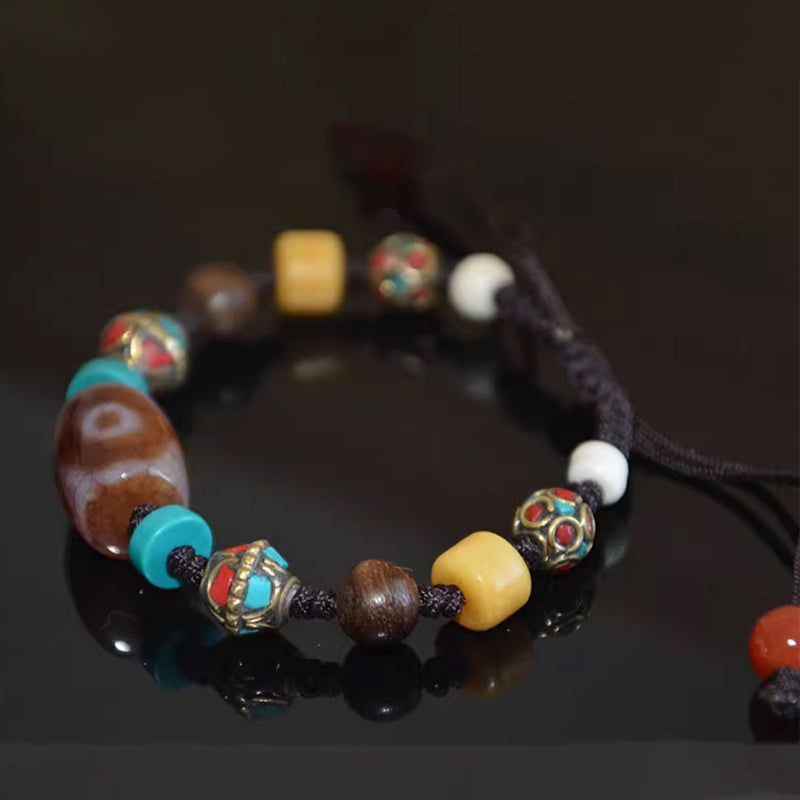 Three-Eyed Blood Vein Weathered Dzi Bead Bracelet