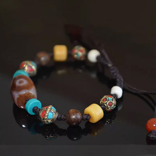 Three-Eyed Blood Vein Weathered Dzi Bead Bracelet