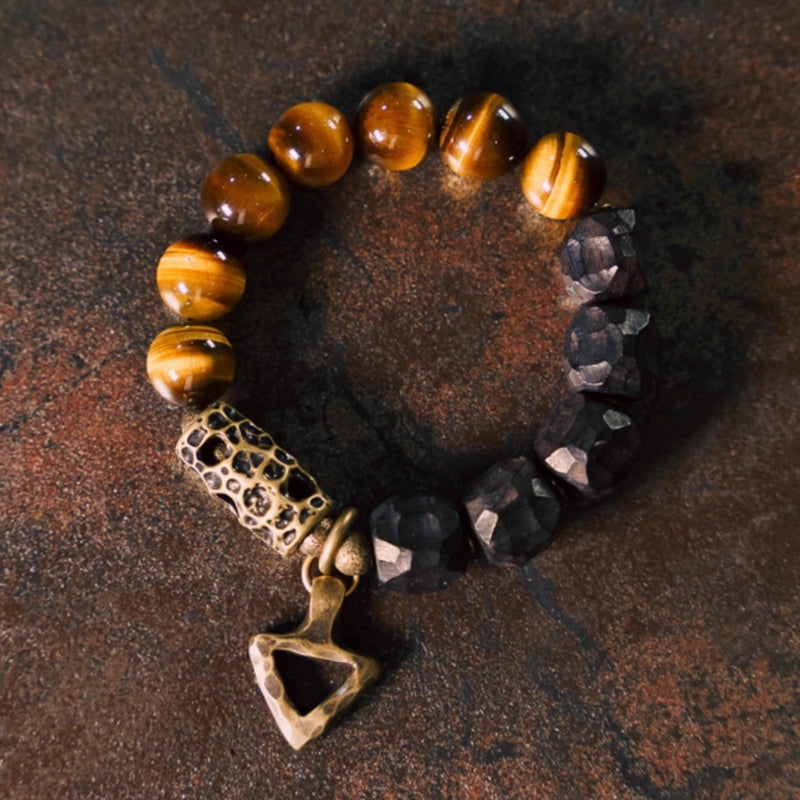 "Shadow & Flame" Ebony Wood & Tiger's Eye Bracelet – Earth's Duality in Balance