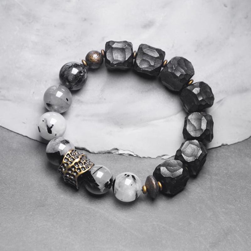 Handcrafted Ebony Wood & Black Rutilated Quartz Bracelet