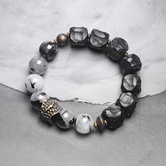 Handcrafted Ebony Wood & Black Rutilated Quartz Bracelet