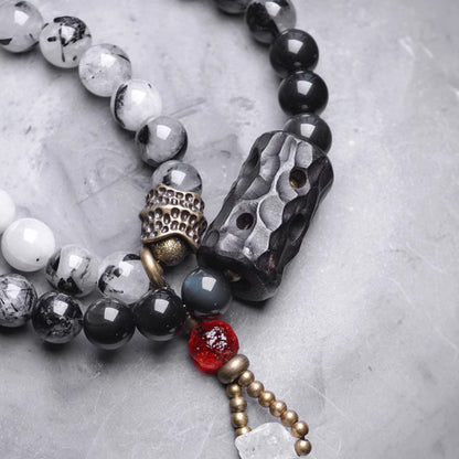 Black Rutilated Quartz + Clear Quartz Peace Bracelet