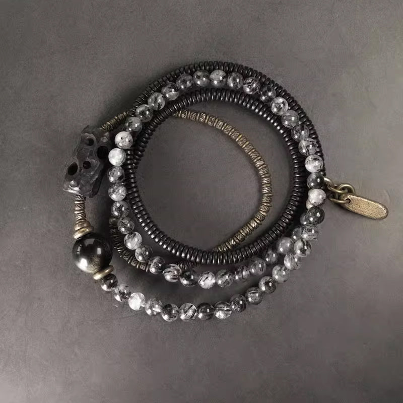 Black Tourmalinated Quartz & Ebony Wood Mala – Spiritual Protection & Focus