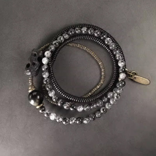 Black Tourmalinated Quartz & Ebony Wood Mala – Spiritual Protection & Focus