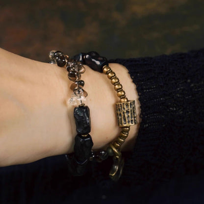 Handcrafted Smoky Quartz & Ebony Wood Bracelet with Brass Accents