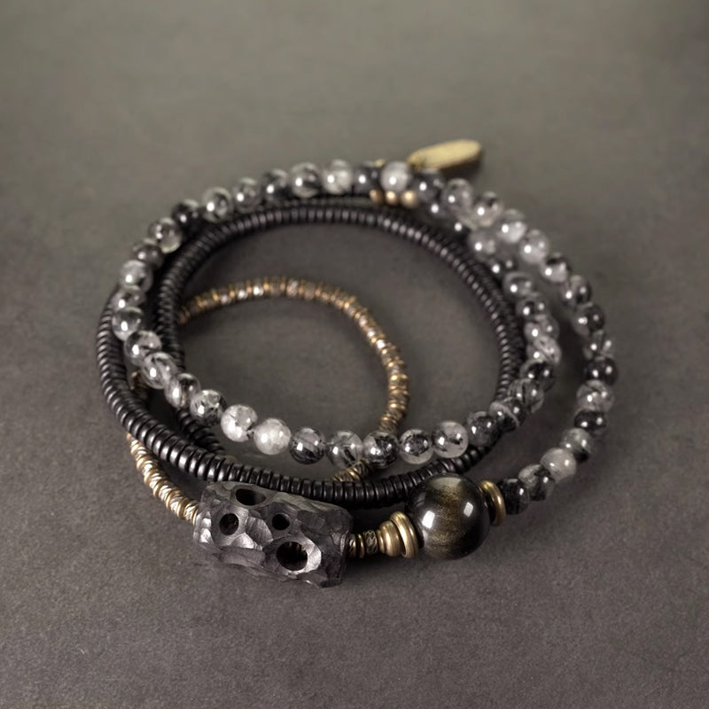Black Tourmalinated Quartz & Ebony Wood Mala – Spiritual Protection & Focus