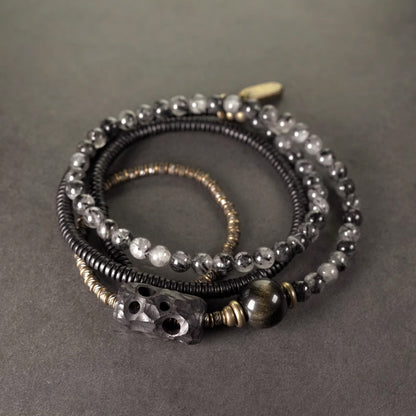 Black Tourmalinated Quartz & Ebony Wood Mala – Spiritual Protection & Focus