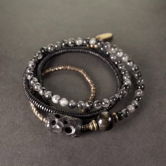 Black Tourmalinated Quartz & Ebony Wood Mala – Spiritual Protection & Focus