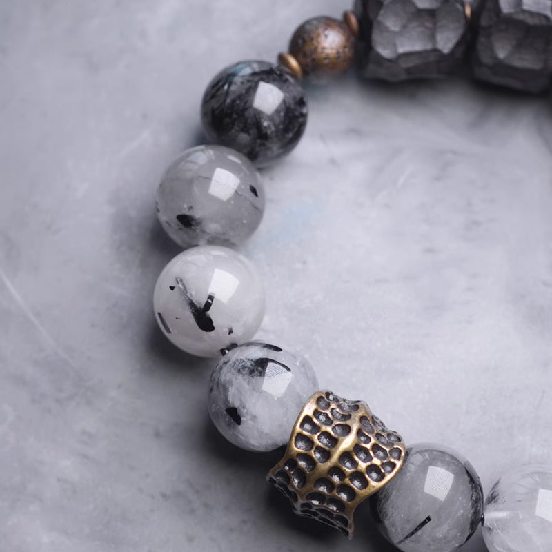 Handcrafted Ebony Wood & Black Rutilated Quartz Bracelet