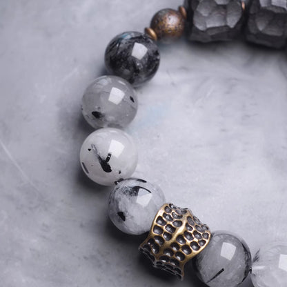 Handcrafted Ebony Wood & Black Rutilated Quartz Bracelet