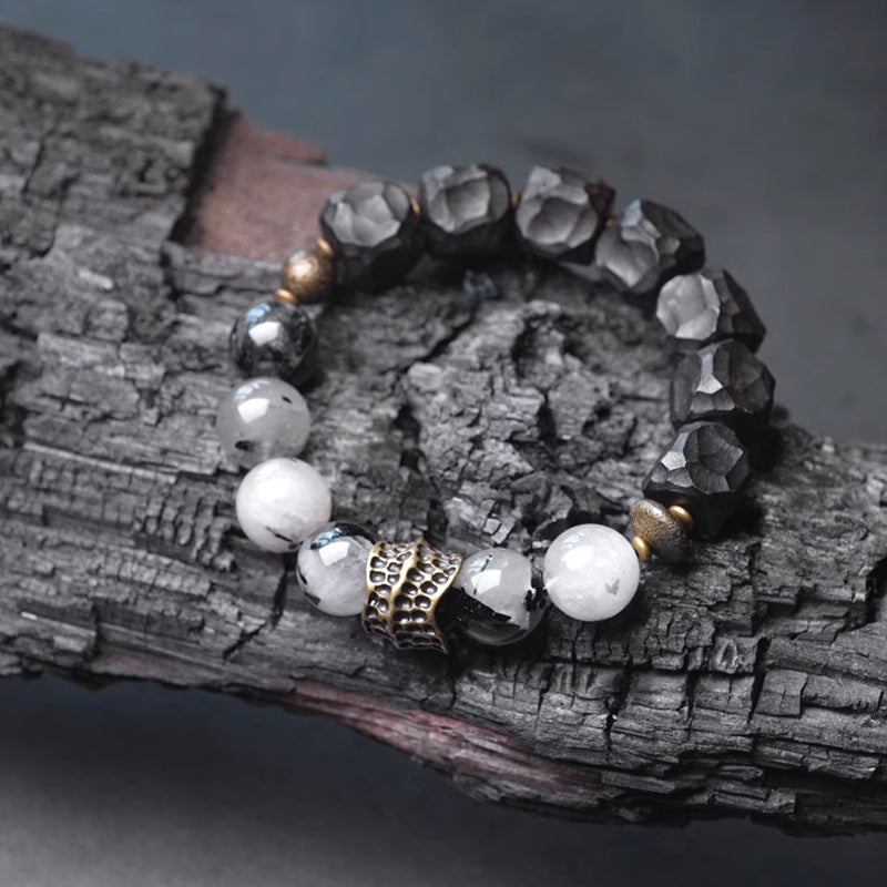 Handcrafted Ebony Wood & Black Rutilated Quartz Bracelet