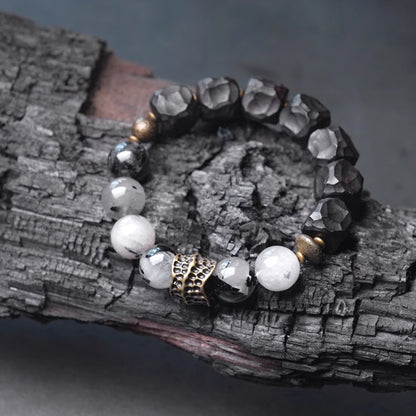 Handcrafted Ebony Wood & Black Rutilated Quartz Bracelet