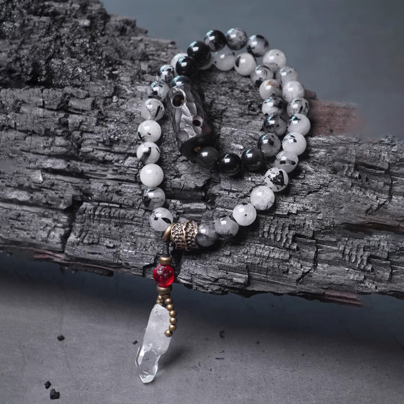 Black Rutilated Quartz + Clear Quartz Peace Bracelet