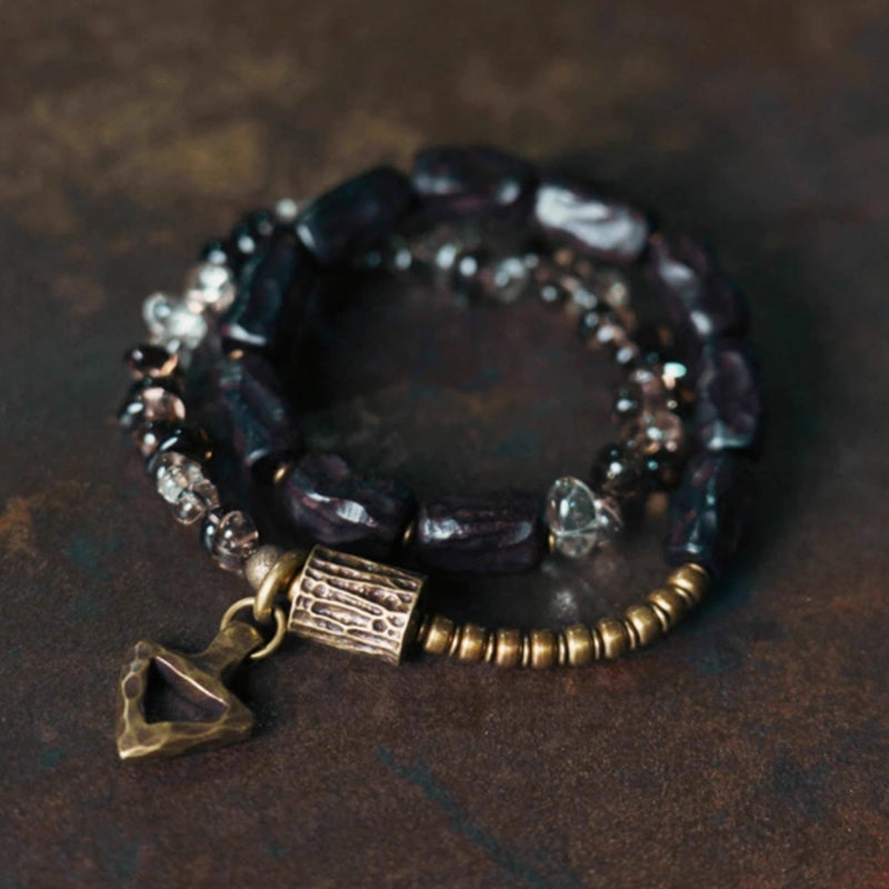 Handcrafted Smoky Quartz & Ebony Wood Bracelet with Brass Accents