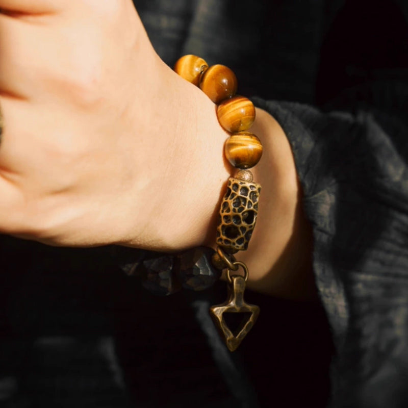 "Shadow & Flame" Ebony Wood & Tiger's Eye Bracelet – Earth's Duality in Balance