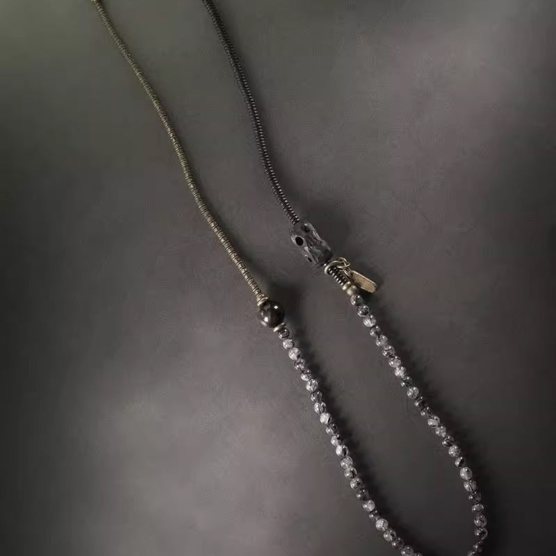 Black Tourmalinated Quartz & Ebony Wood Mala – Spiritual Protection & Focus