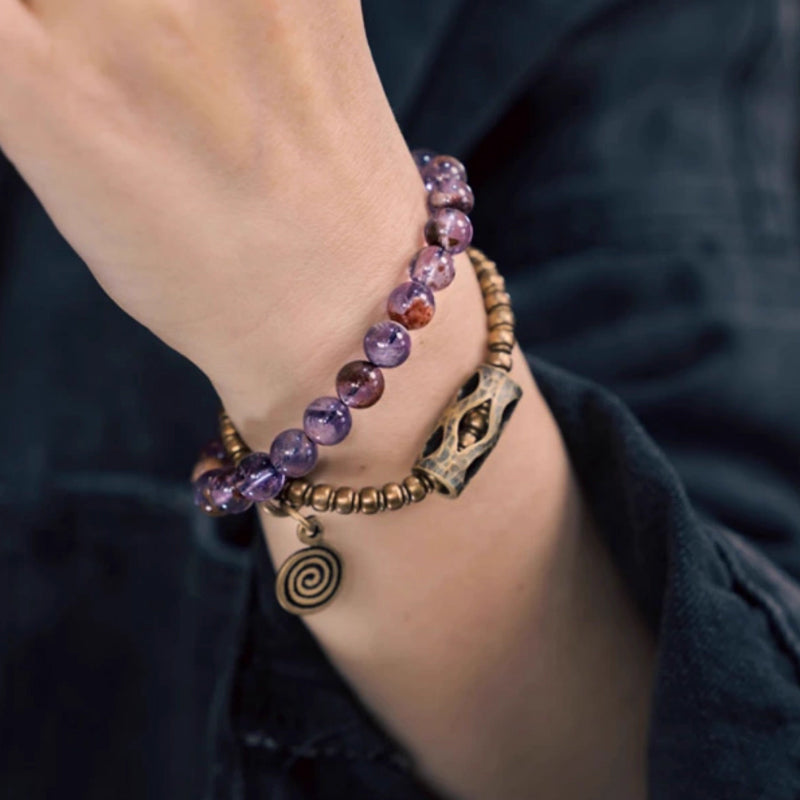 "Celestial Shield" Amethyst & Copper Double Wrap Bracelet