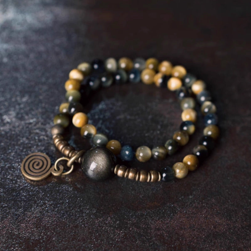 "Golden Guardian" Double Wrap Tiger's Eye & Golden Obsidian Bracelet