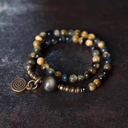"Golden Guardian" Double Wrap Tiger's Eye & Golden Obsidian Bracelet