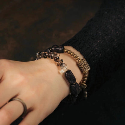Handcrafted Smoky Quartz & Ebony Wood Bracelet with Brass Accents