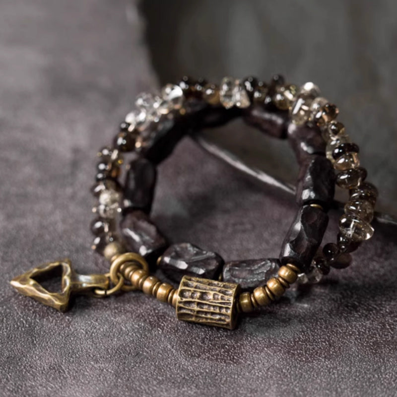 Handcrafted Smoky Quartz & Ebony Wood Bracelet with Brass Accents