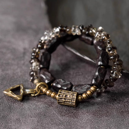 Handcrafted Smoky Quartz & Ebony Wood Bracelet with Brass Accents