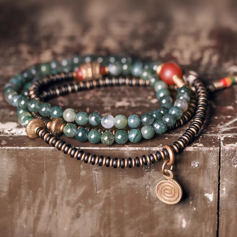 "Emerald River" Moss Agate & Copper Multi-Strand Bracelet