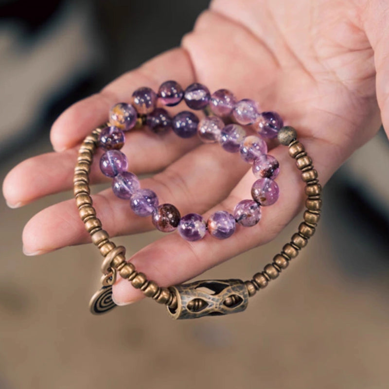 "Celestial Shield" Amethyst & Copper Double Wrap Bracelet