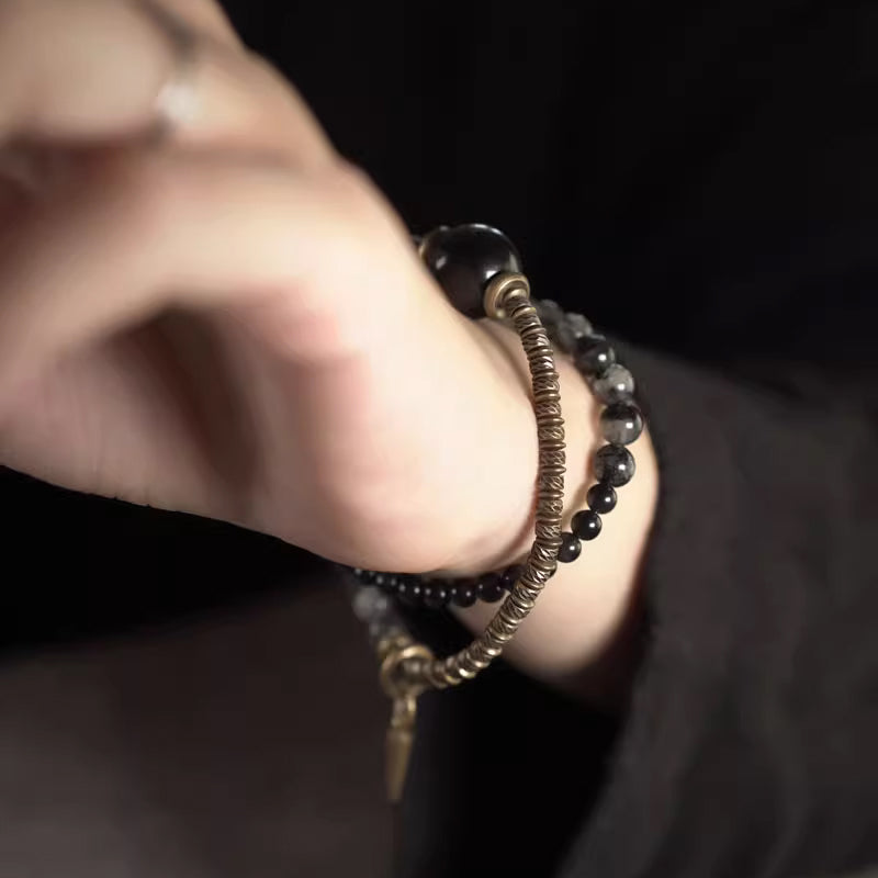 Black Obsidian & Rutilated Quartz Bracelet
